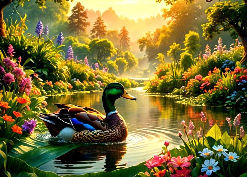 Hyperrealistic Duck in River, Ethereal Fantasy Art