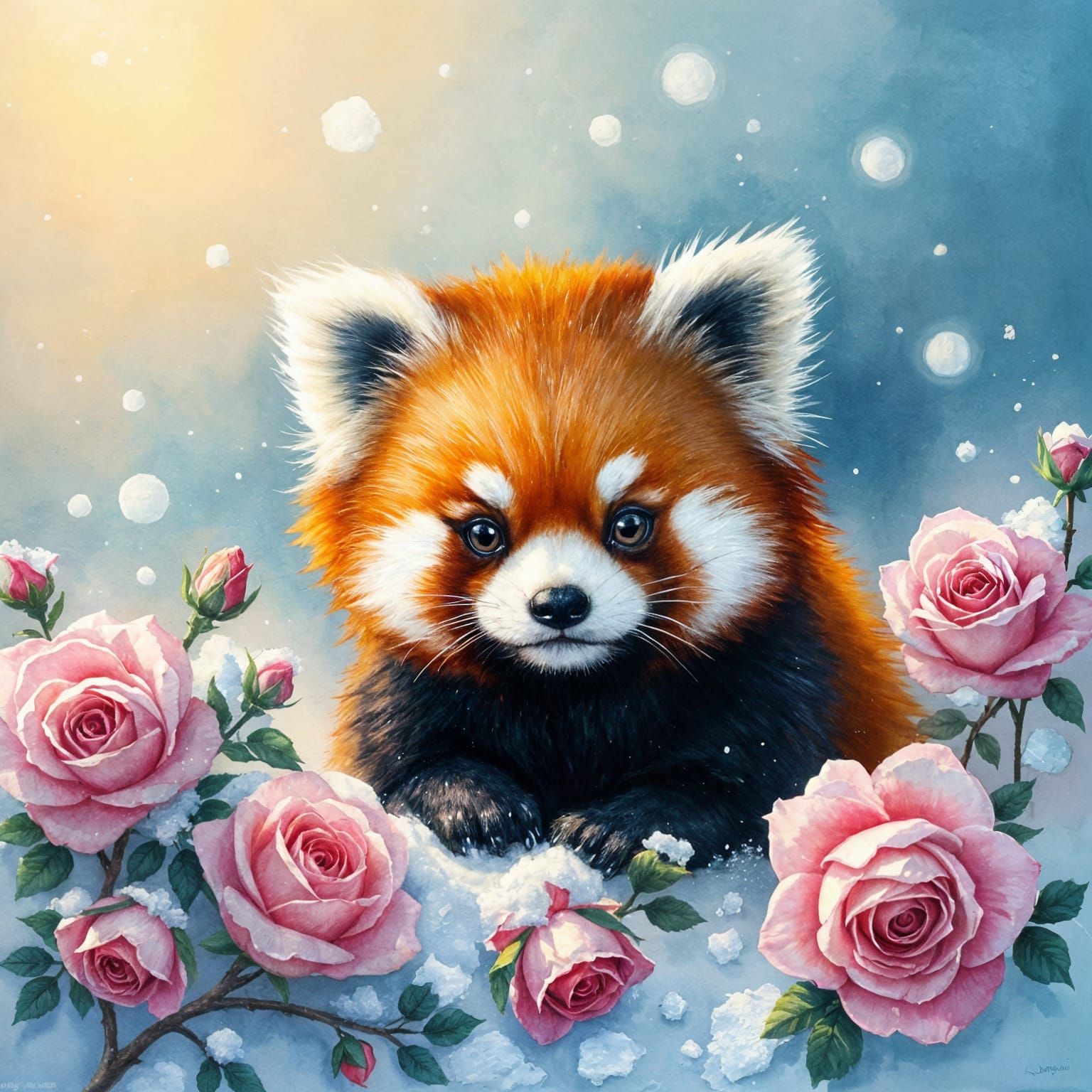 Watercolor Red Panda in Snowy Rose Garden