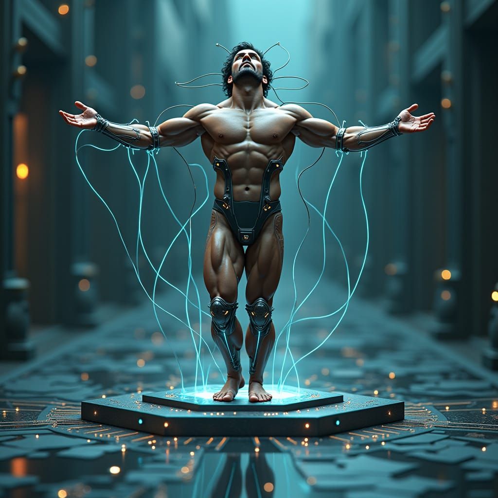 Man and Machine Fusion in Futuristic Vitruvian Pose