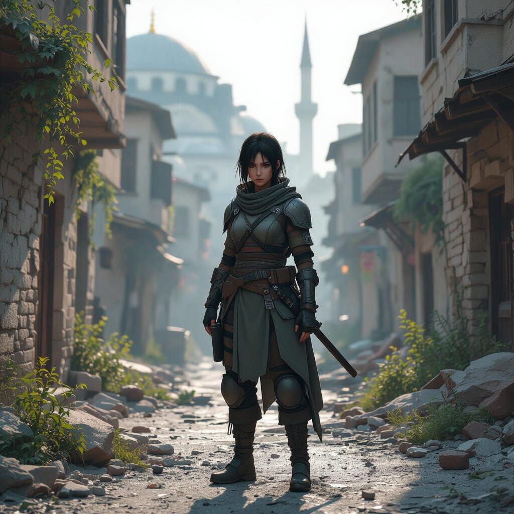 Anime Warrior in Ruined Istanbul: 3D Cinematic Art