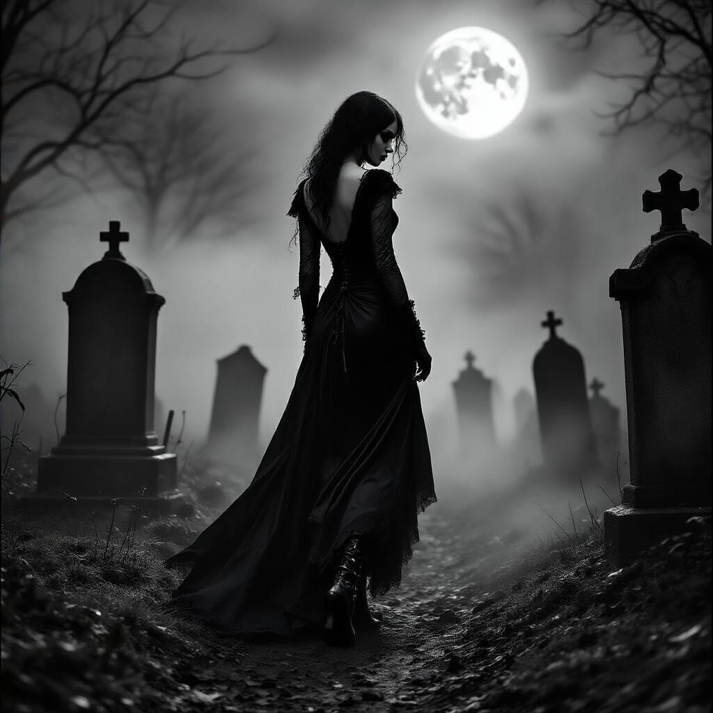 Goth Woman in Misty Graveyard: 1920s Style
