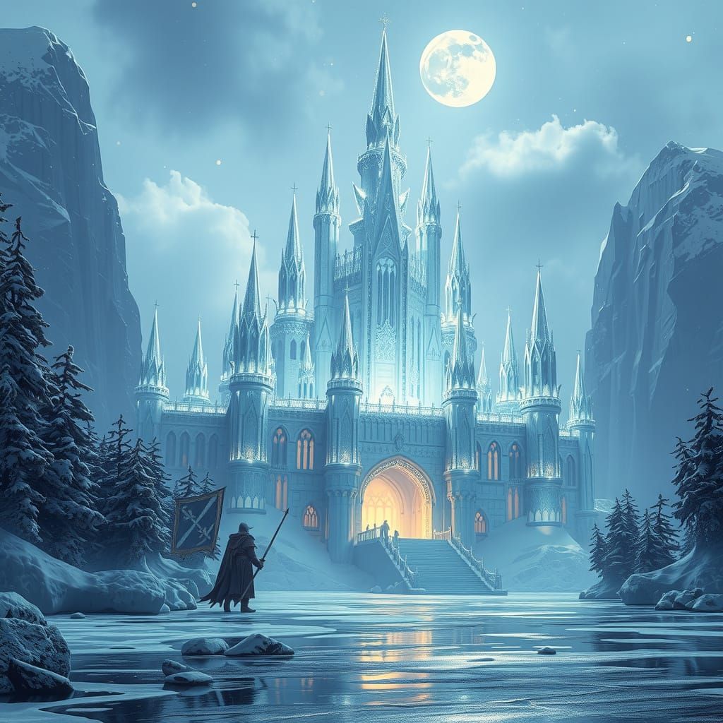 Crystal Ice Castle Under Moonlit Skies