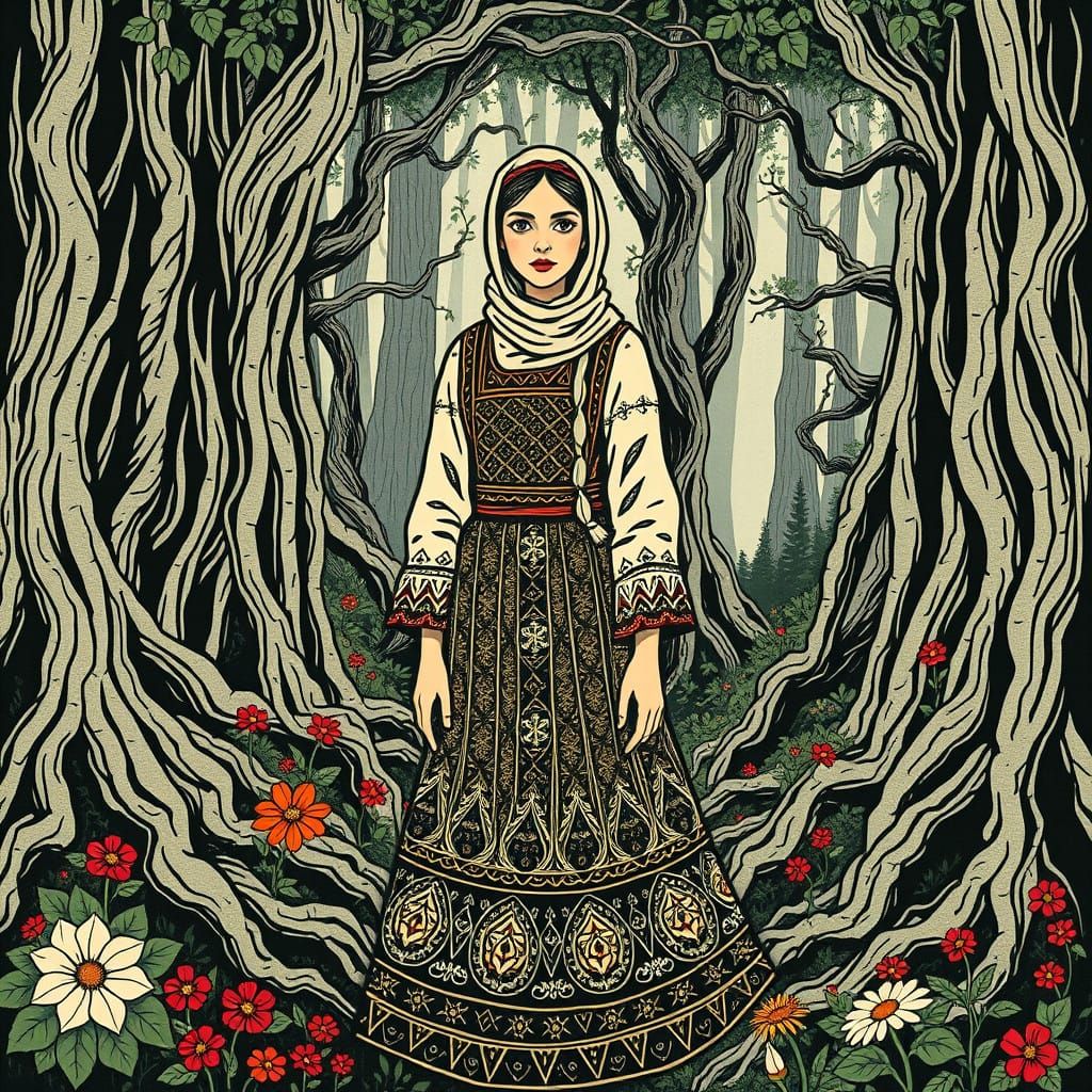 Mystical Woodland Goddess in Traditional Folk Attire