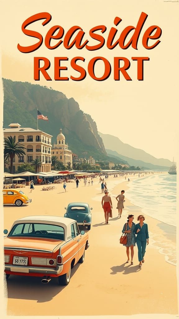 Vintage Seaside Resort Travel Poster in Art Deco Style