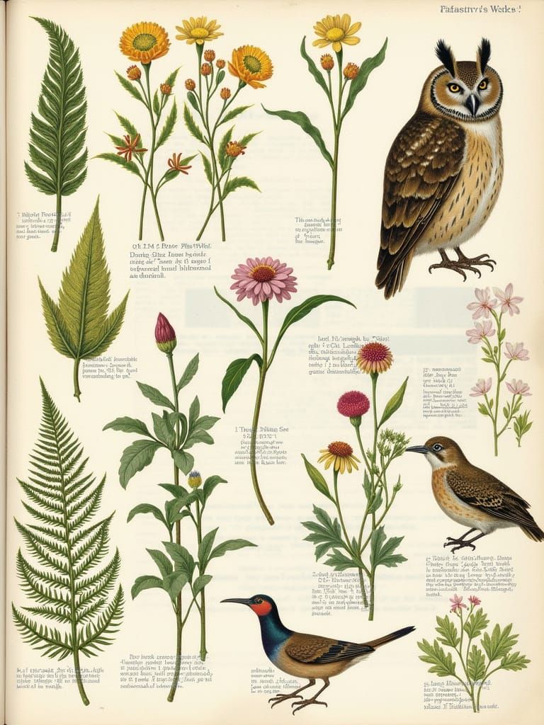 Vintage Botanical Collage with Owl and Flowers