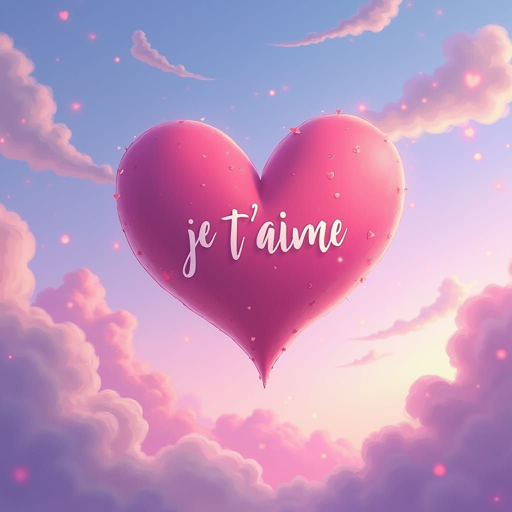 Whimsical Heart-Shaped Sky with Je T'aime in Rose and Violet...