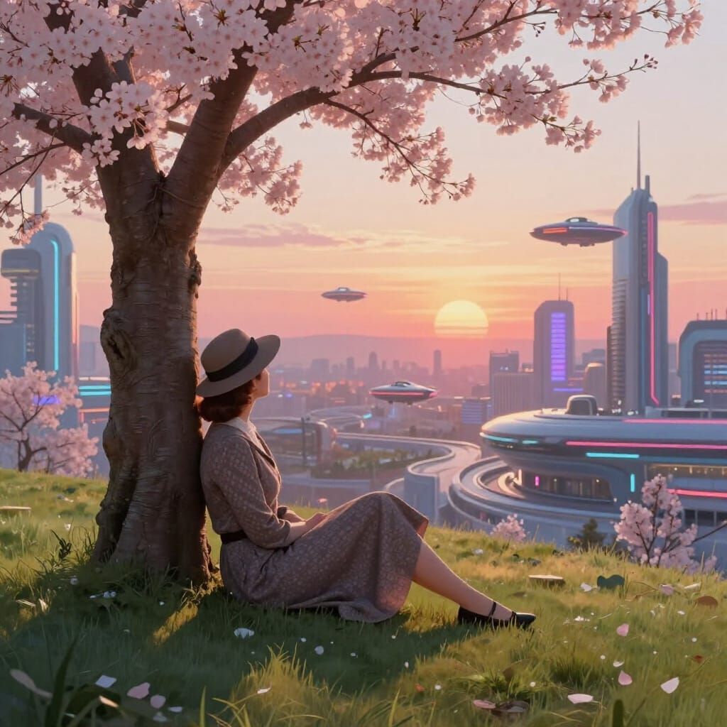 Woman in 1940s Attire Overlooks Futuristic Cityscape