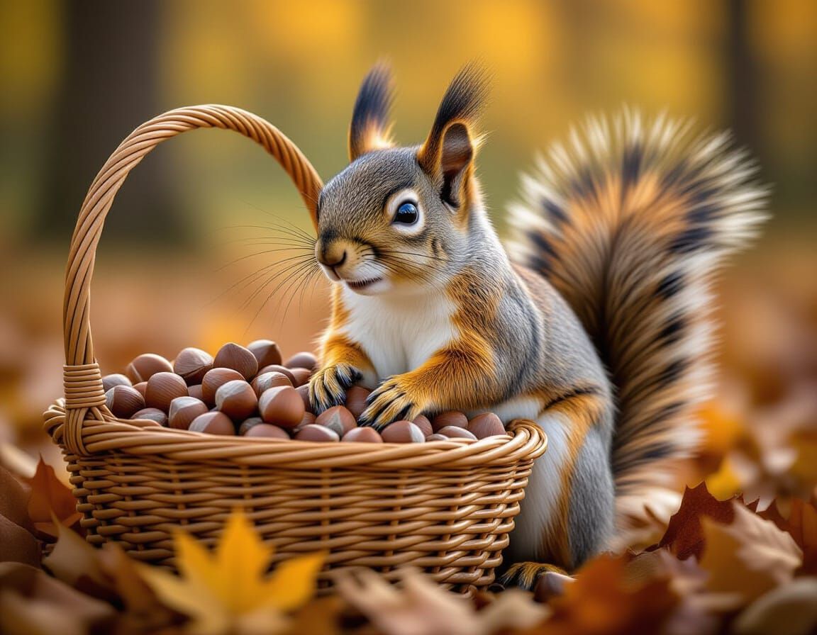 Squirrel with Hazelnuts in Autumn Forest, Hyperrealistic Pho...