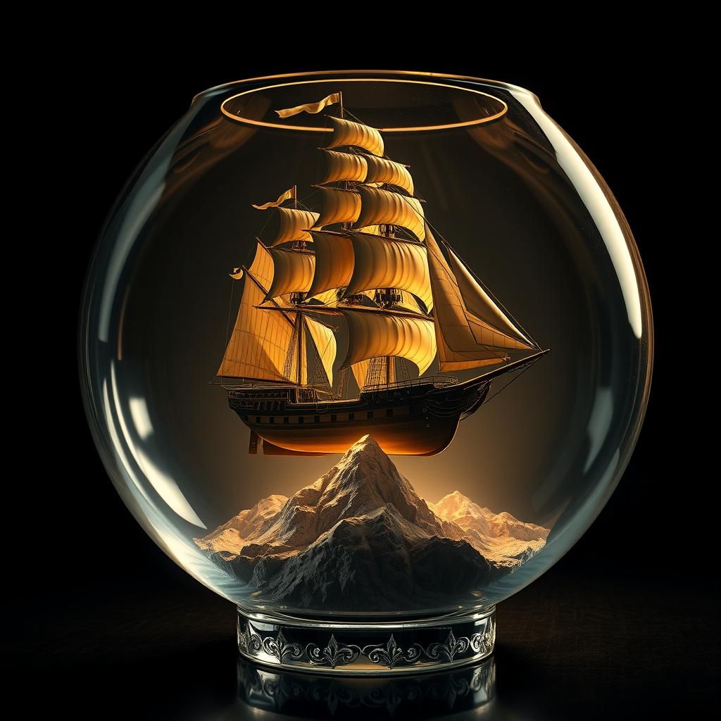 Majestic Sailship Soars in Glass Bowl