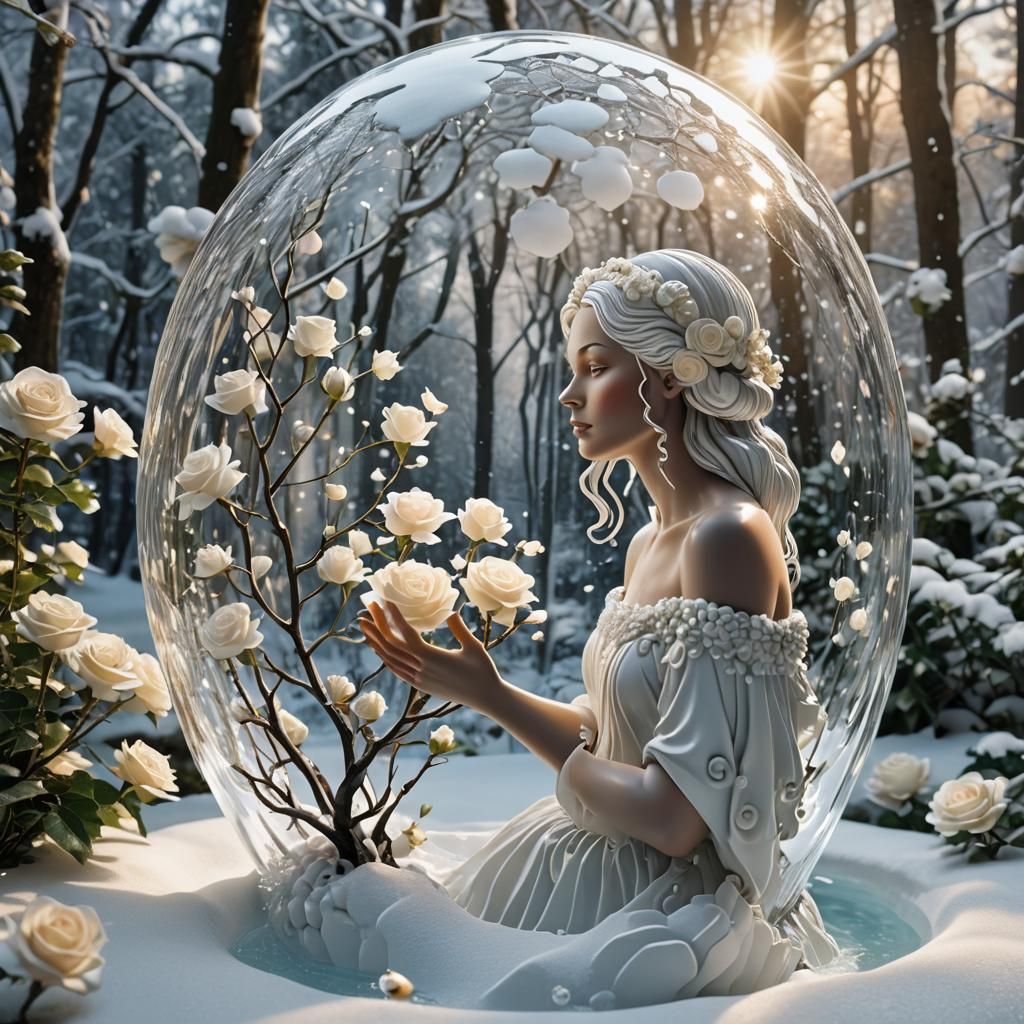 Snow Globe Forest with White Roses