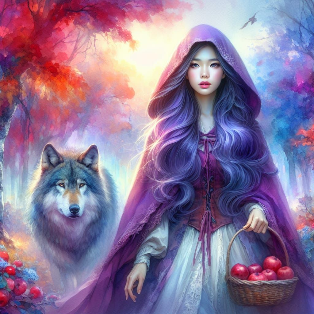 Ethereal Woman and Wolf in Autumn Forest, Watercolour