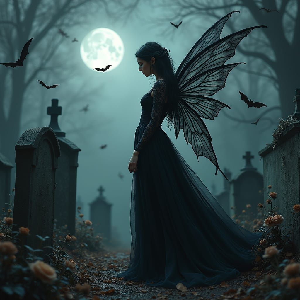 Gothic Fairy in Graveyard with Black Wings