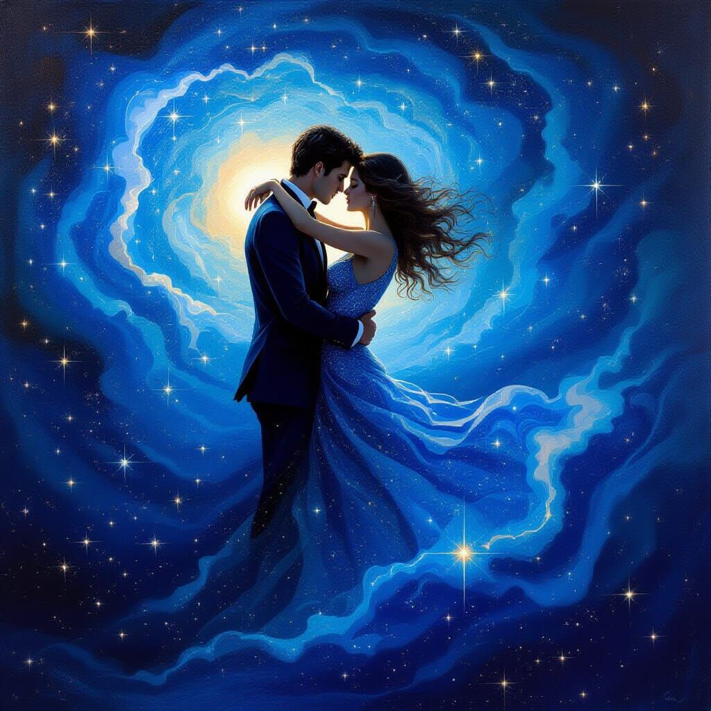 Couple Embracing in Cosmic Night Sky Surrealist Painting