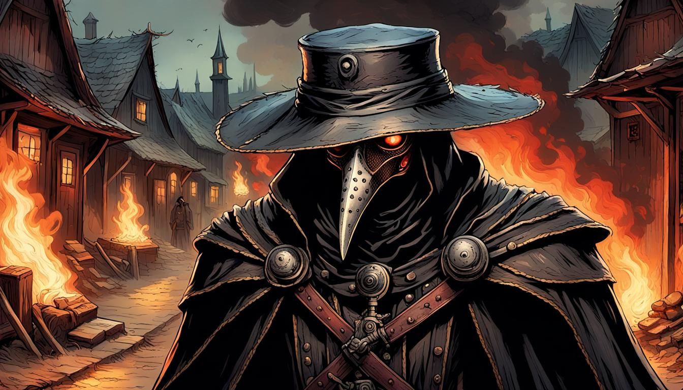 Plague Doctor Burns Village in Comic Book Art