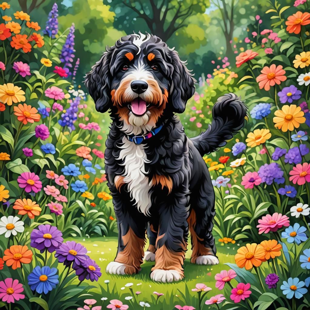 Cute Cartoon Bernedoodle in Colorful Garden
