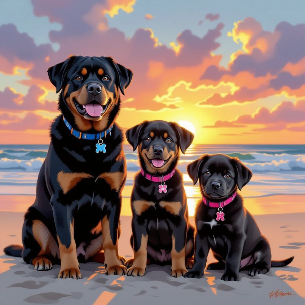 Dogs on Tropical Beach in Wildlife Art Style