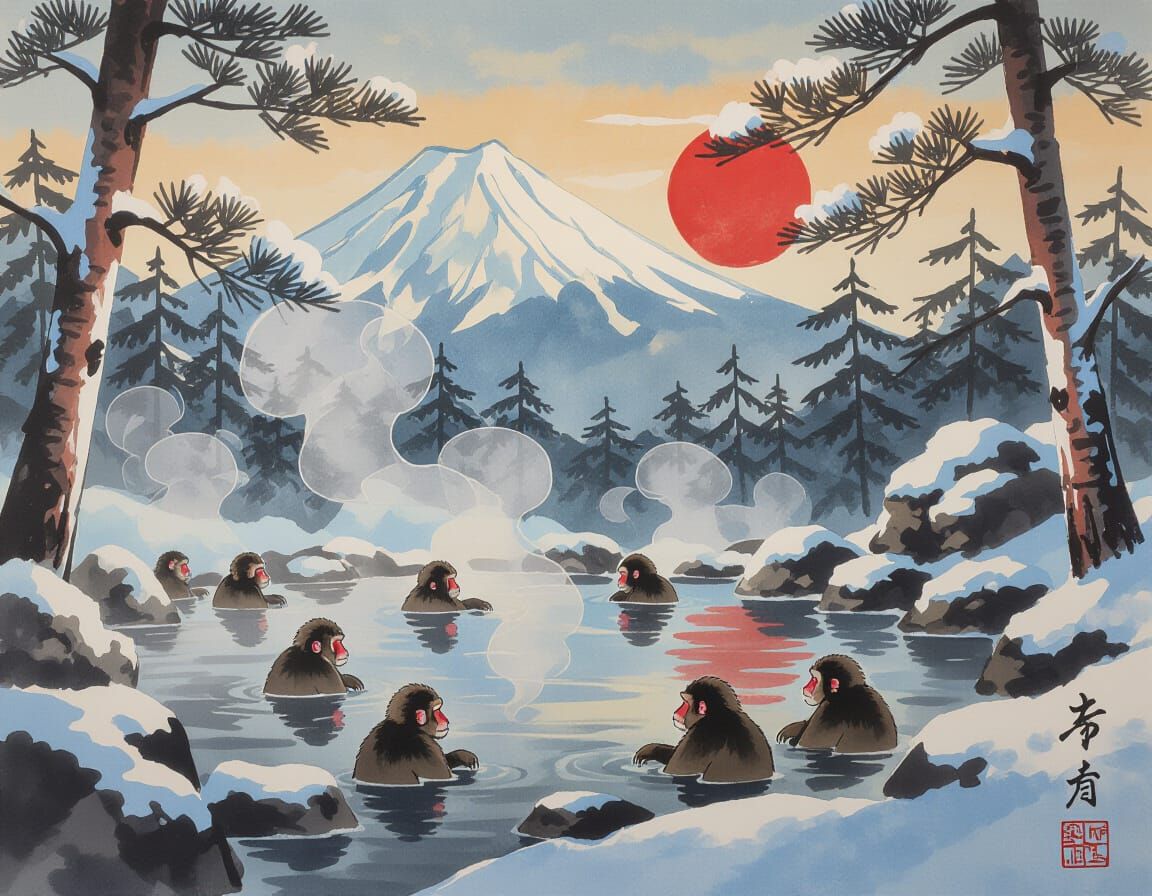 Snow Monkeys in Onsen: Sumi-e Winter Landscape