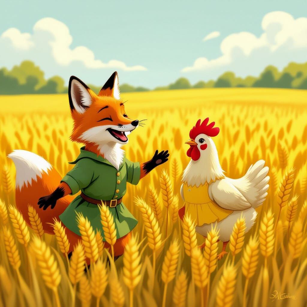 Fox and Chicken Play Hide and Seek in Wheat Field