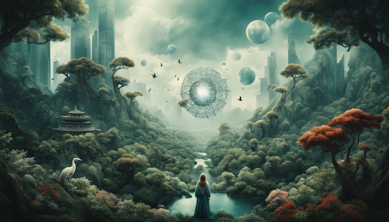 Surreal Harmony of Nature and City in Cyberpunk Style