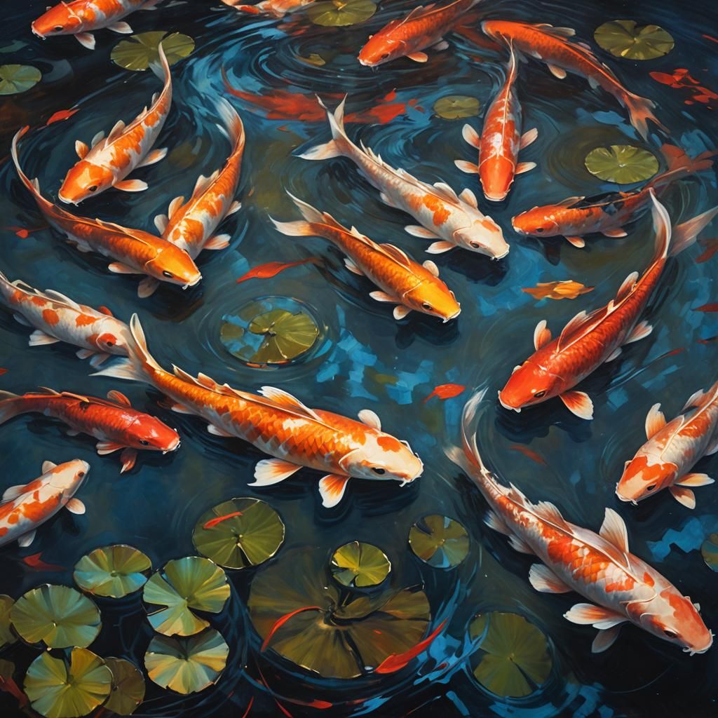 Koi Fish in Red Pond: Nocturnal Oil Painting