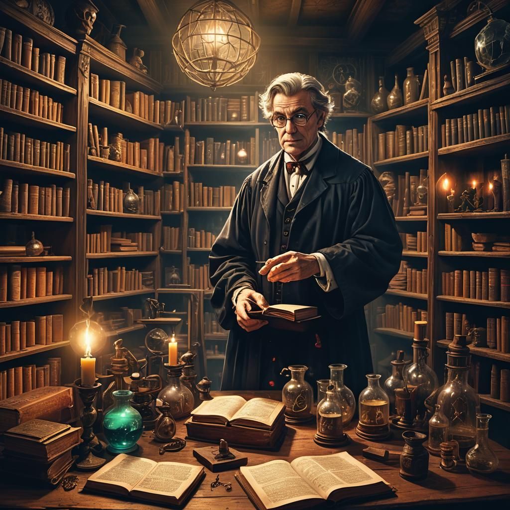 Fantasy Chemistry Teacher in Ornate Classroom, Digital Art