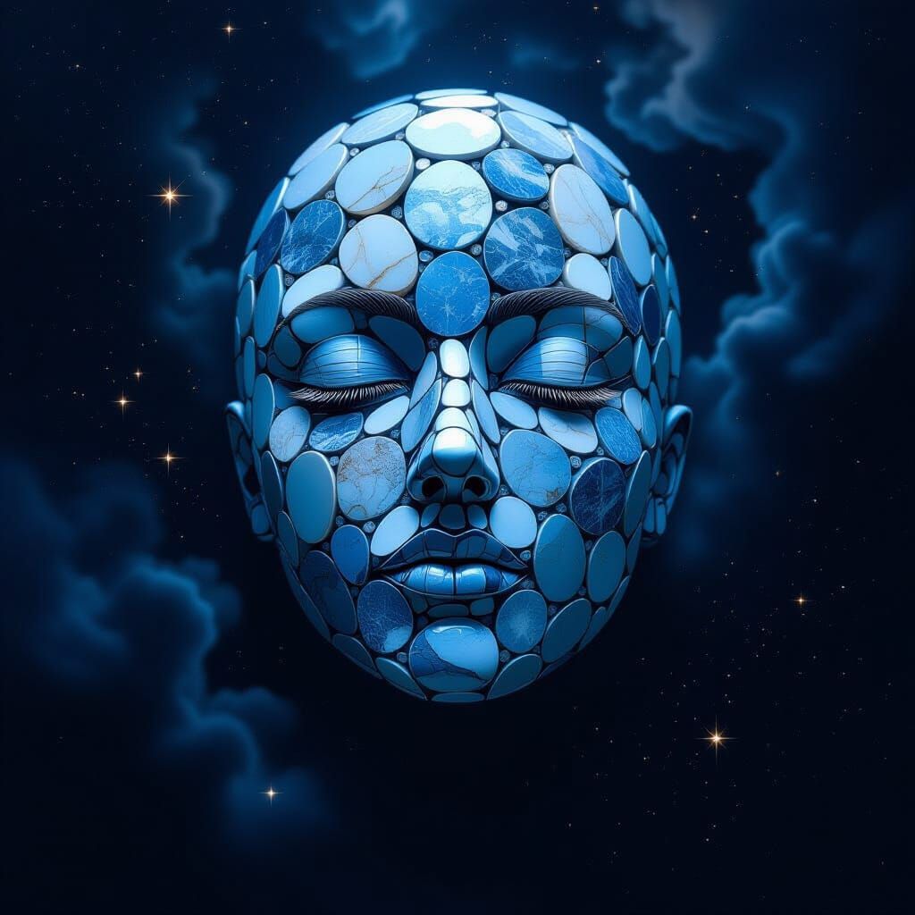 Moonstone Mosaic Face in Swirling Nebula