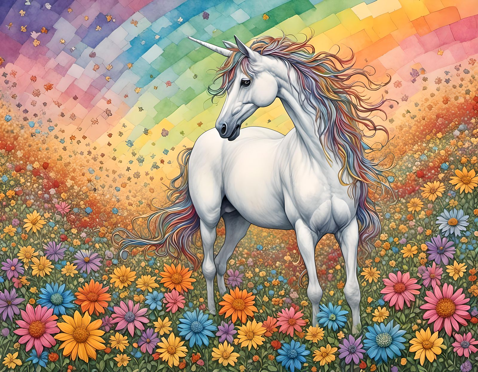 Unicorn in Rainbow Flower Field