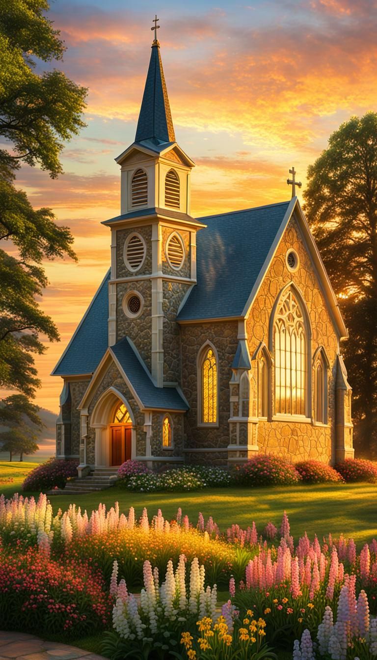 Country Church at Sunset in Hyperrealism Style