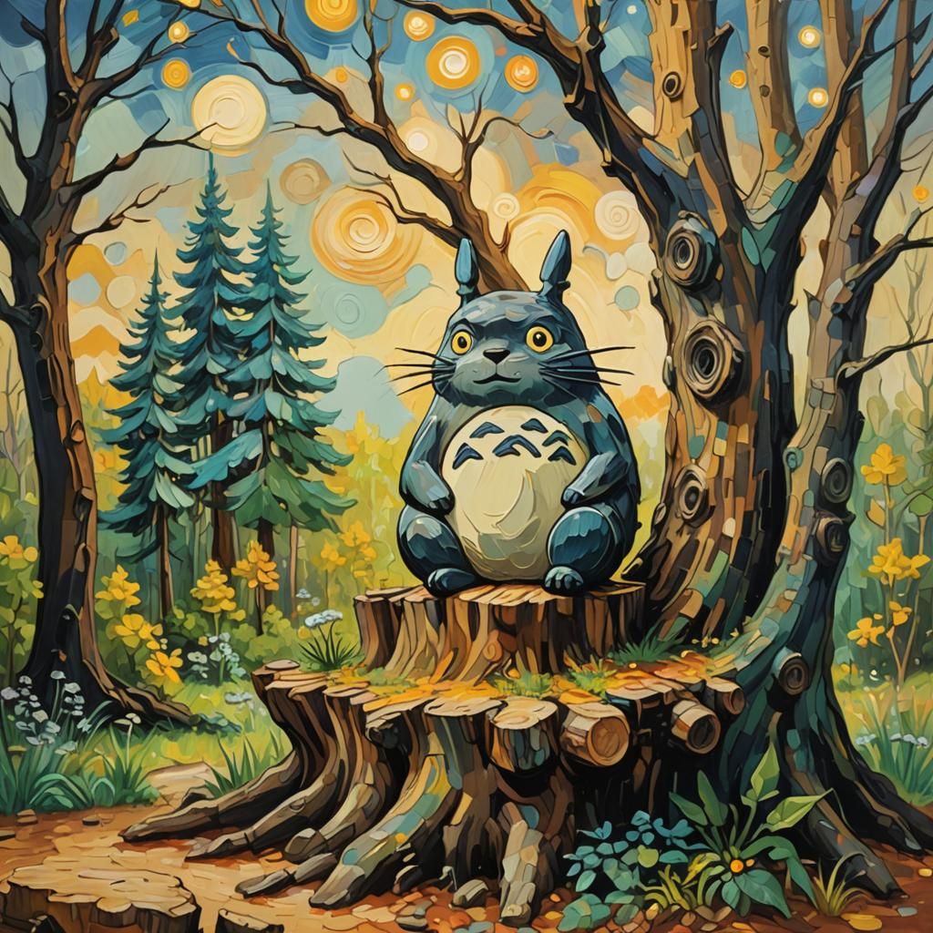 Totoro in Whimsical Forest as Post-Impressionist Painting