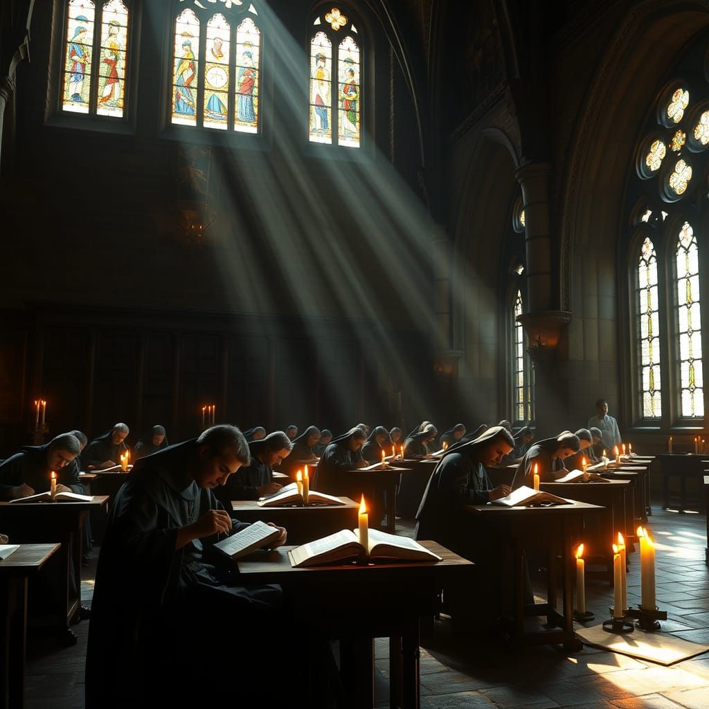 Monks in a Medieval Monastery Hall, Illuminated by a Ray of ...
