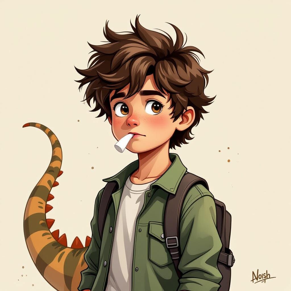 Realistic Portrait of Boy with Dinosaur Tail and Messy Hair