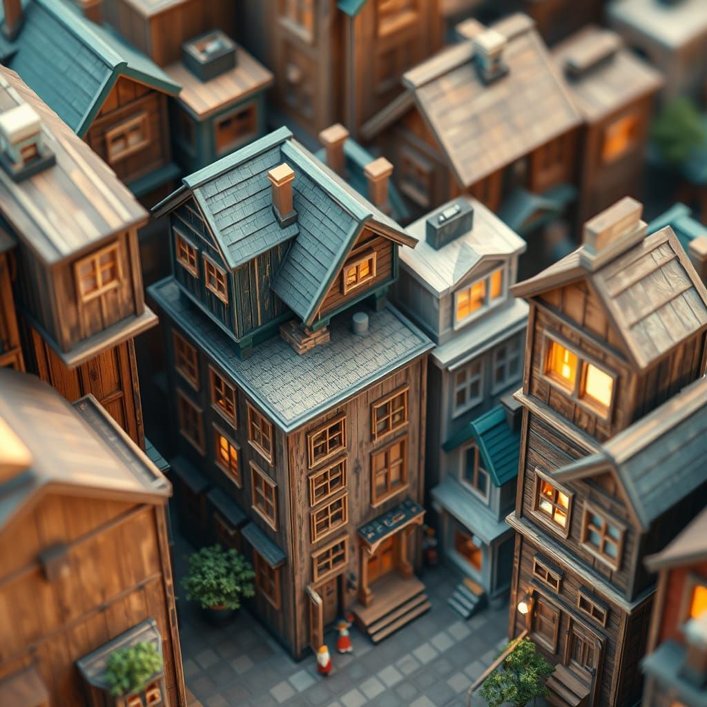Whimsical Wooden Cityscape with Glitchy Twist