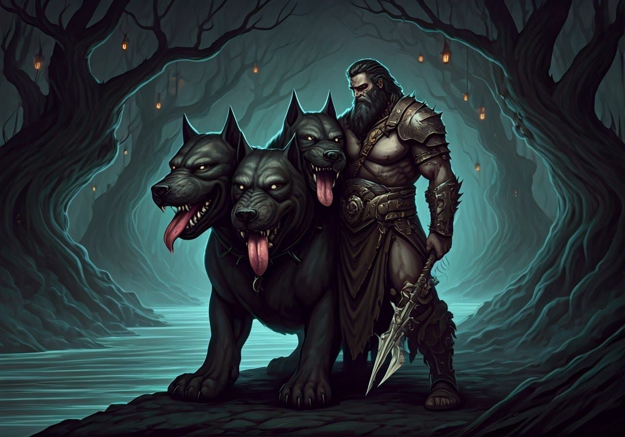 Hades Shows Affection to Cerberus on the Styx