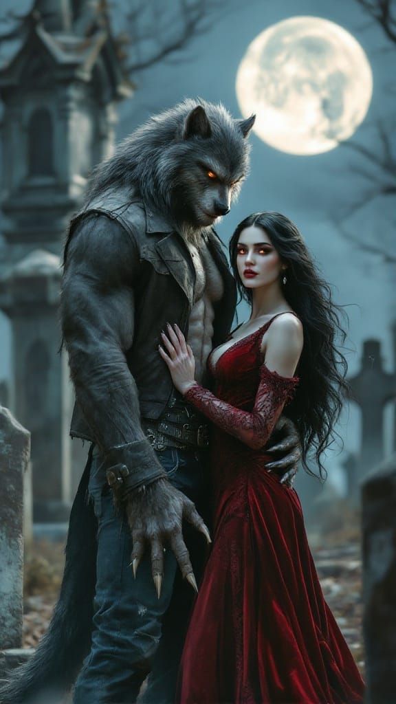 Werewolf and Vampire Share a Moment Under the Full Moon