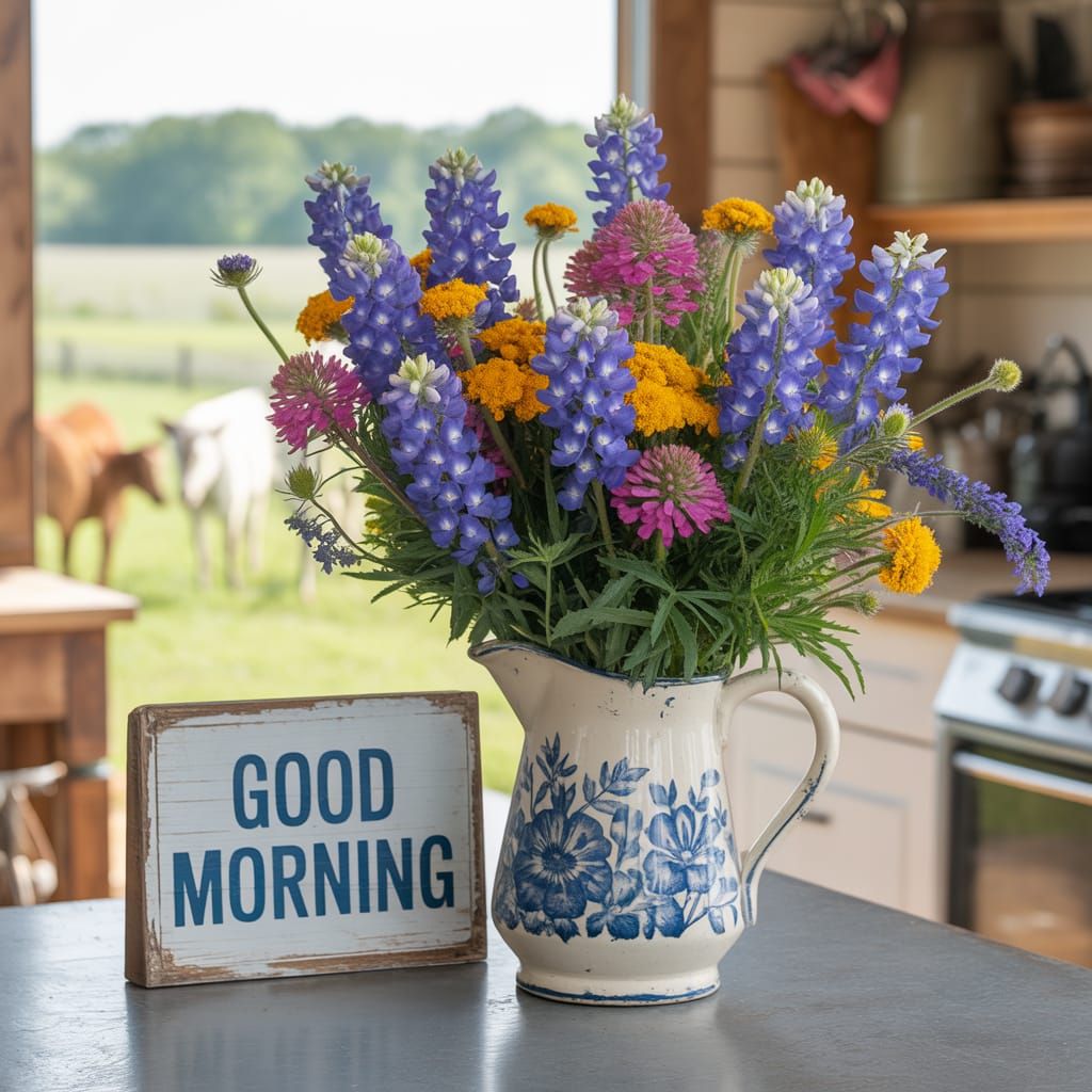 Texas Wildflower Bouquet in Vintage Pitcher