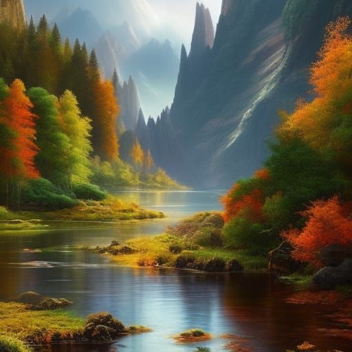 Lush Mountain Valley: A Whimsical Digital Painting