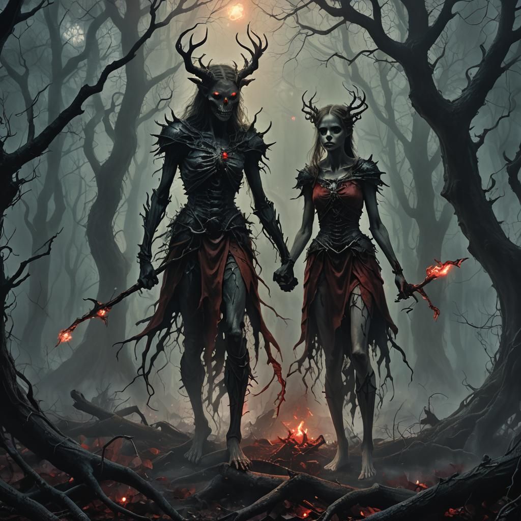 Eerie Girl and Demon in Dark Fantasy Horror Forest