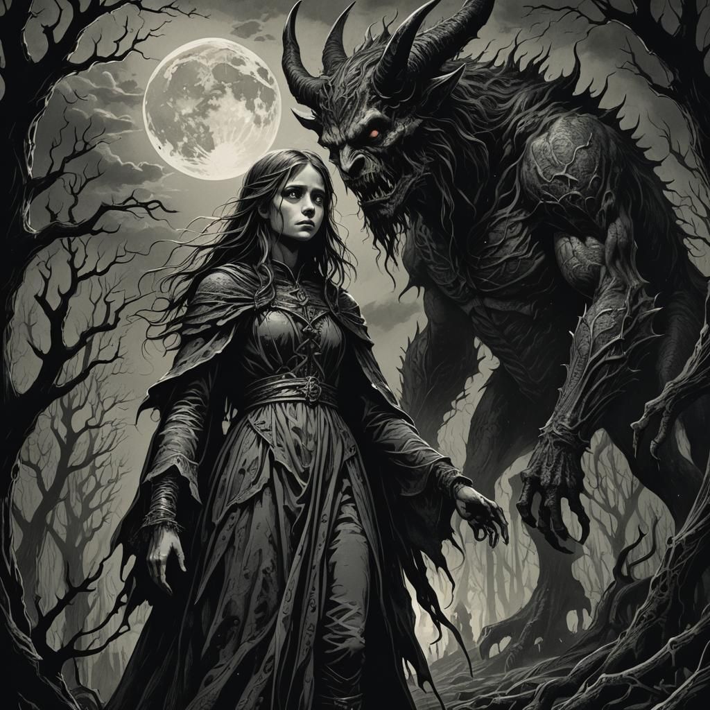 Girl Confronts Demon in Gustave Doré Style