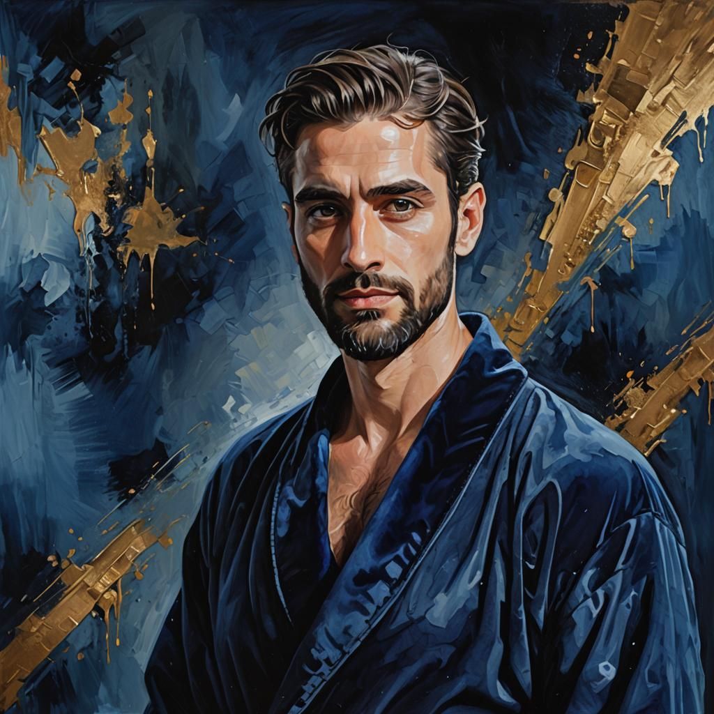Handsome Man in Dark Blue Velvet Bathrobe