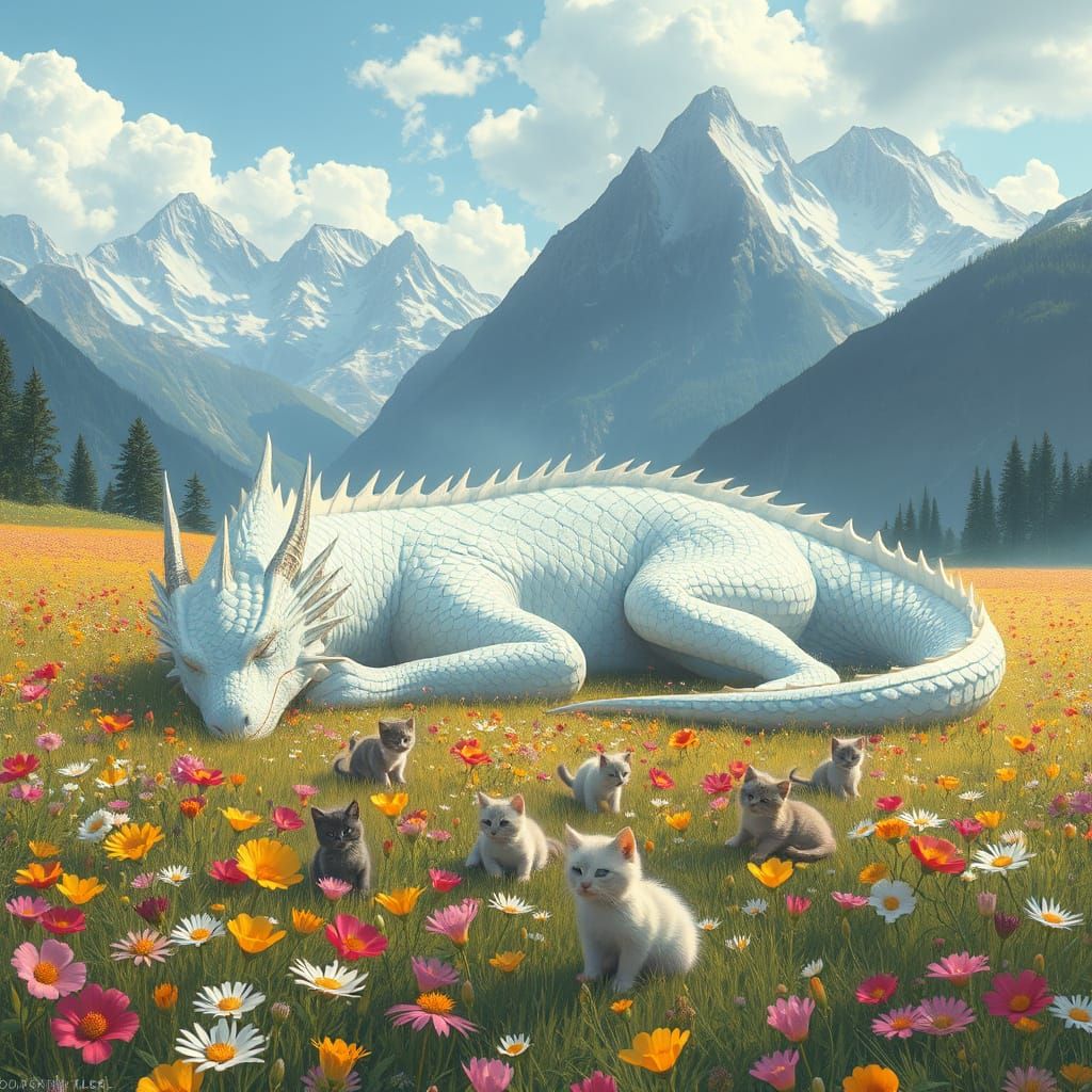 White Dragon's Peaceful Slumber in Kitten Flower Field