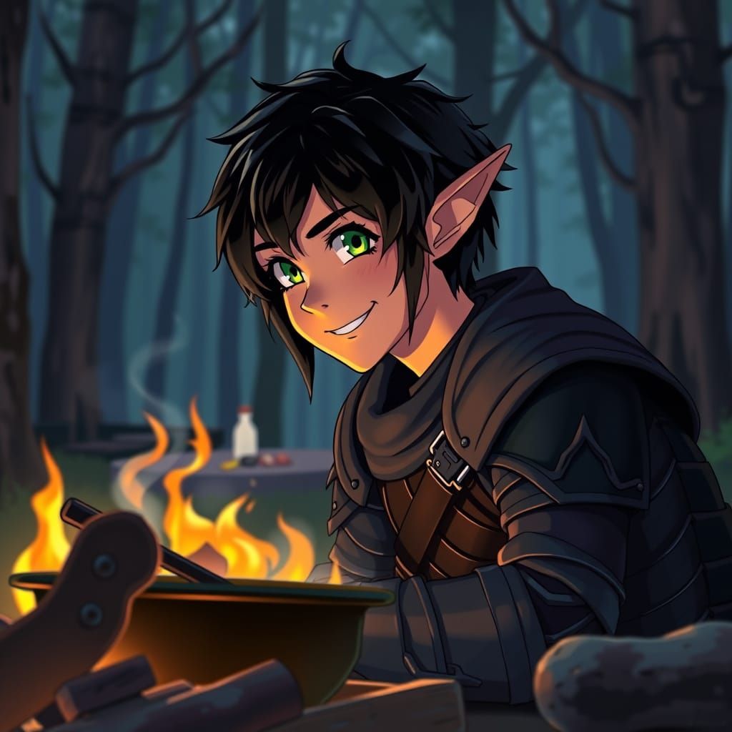 Elf Cooks Dinner in Cel-Shaded Manga Style