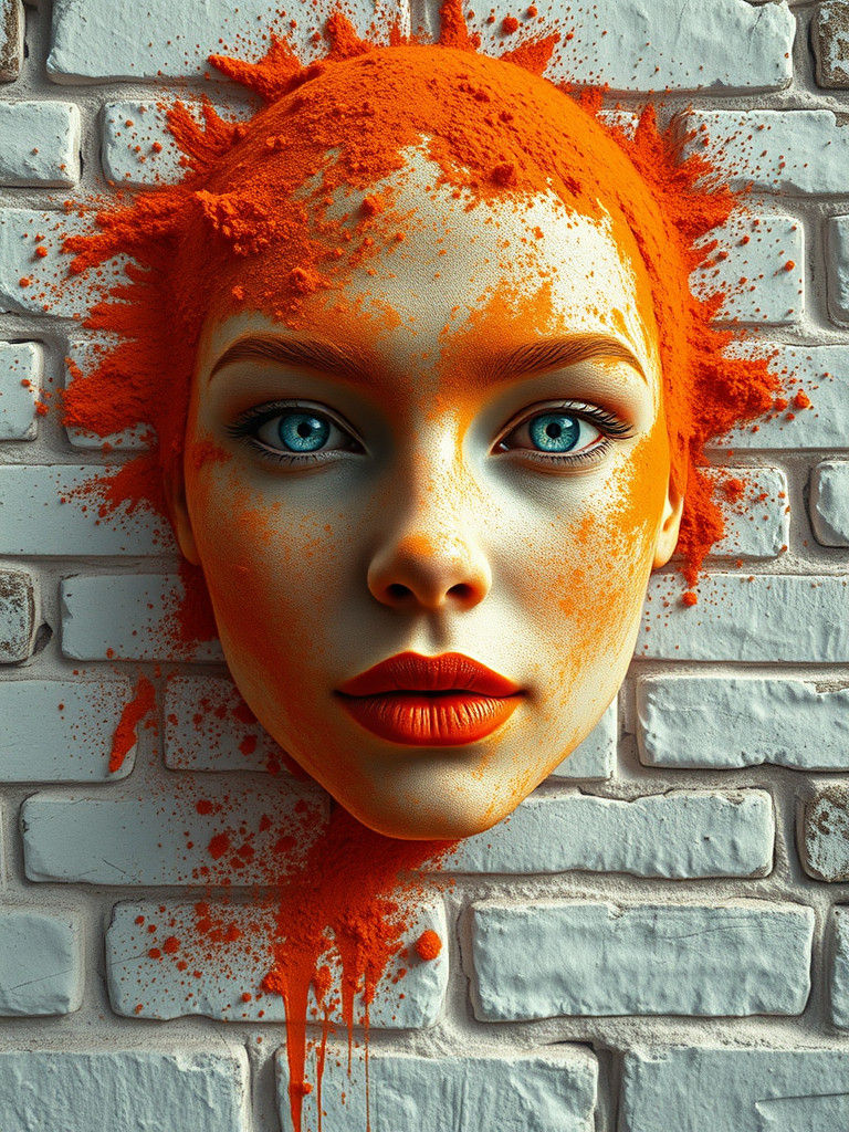 Mystical Face of Orange Powder on Brick Wall