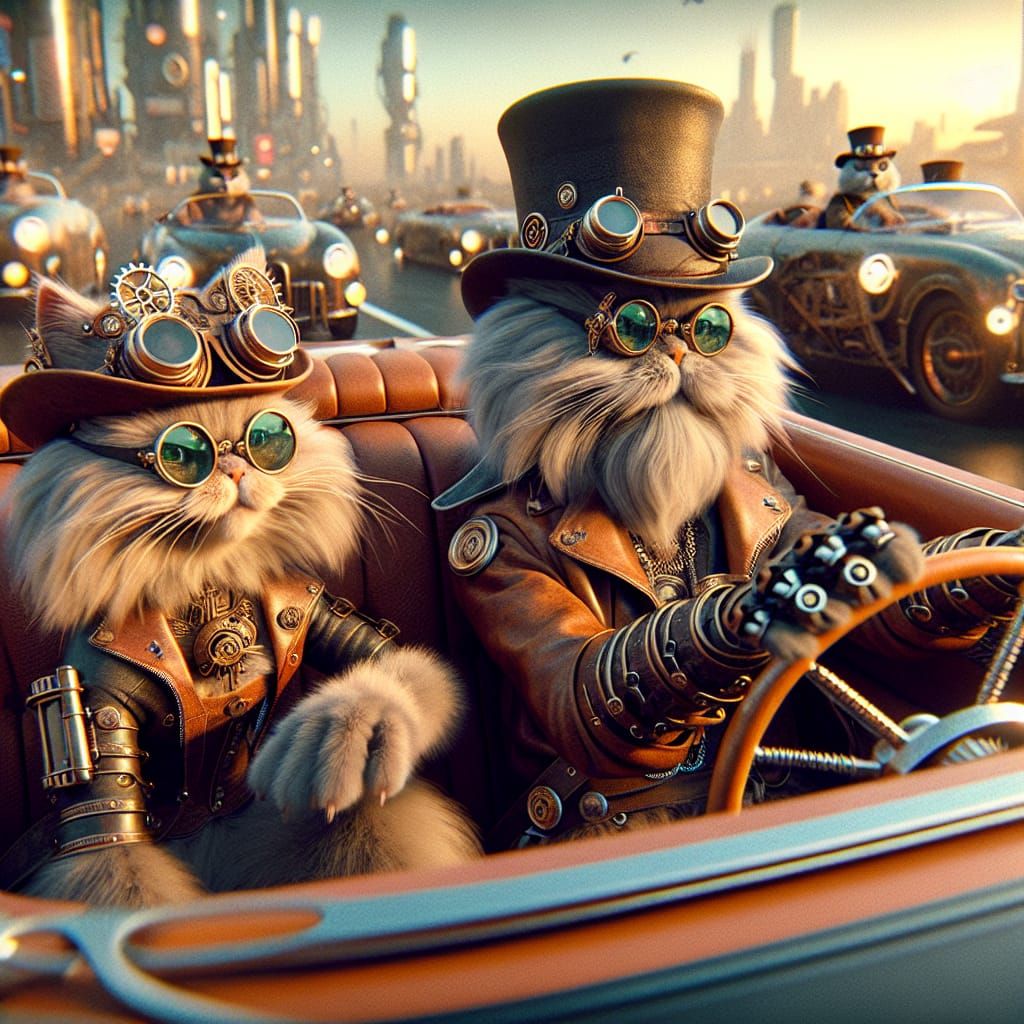 Steampunk Cats Cruise a Futuristic City