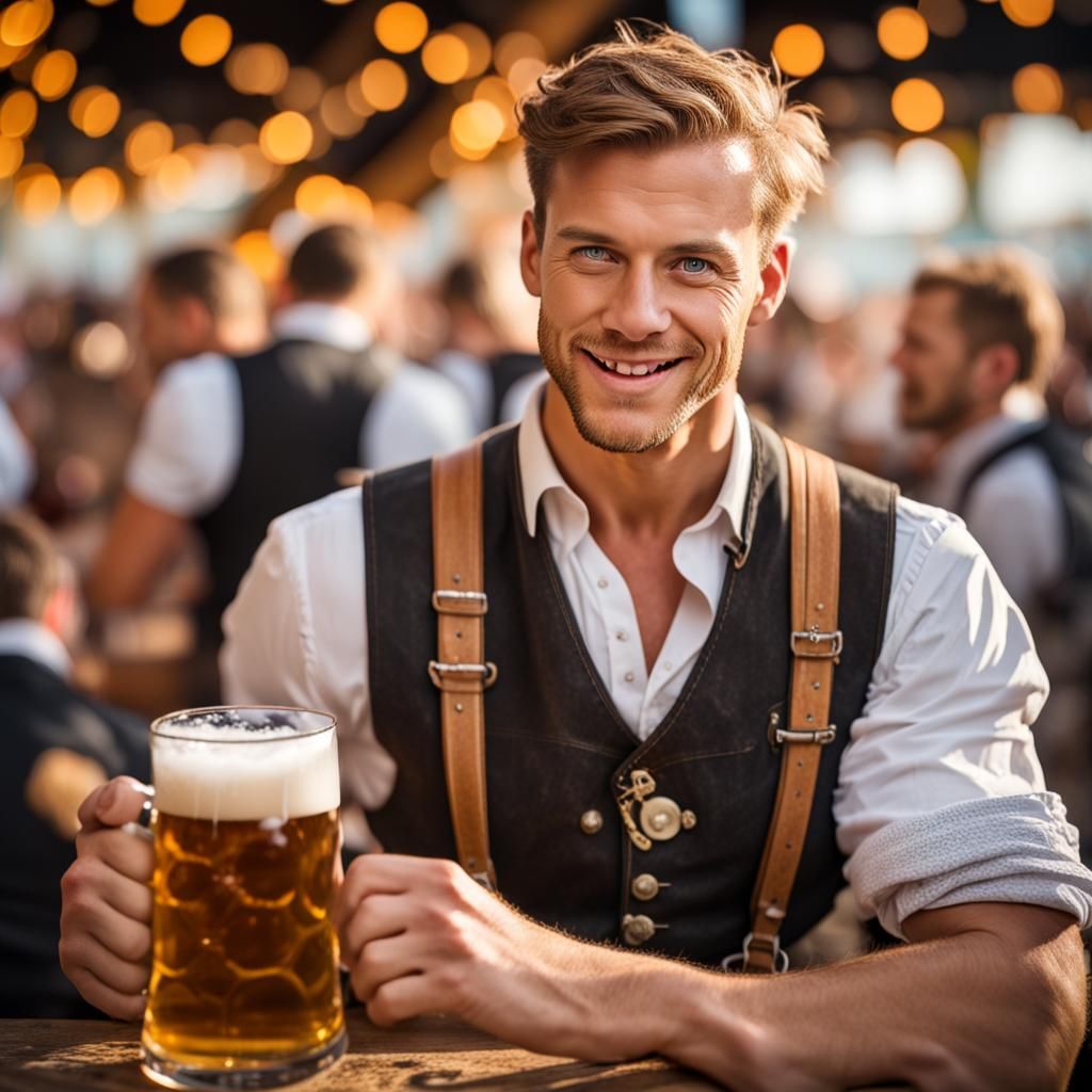 Oktoberfest: Handsome Man in Lederhosen Drinking Beer