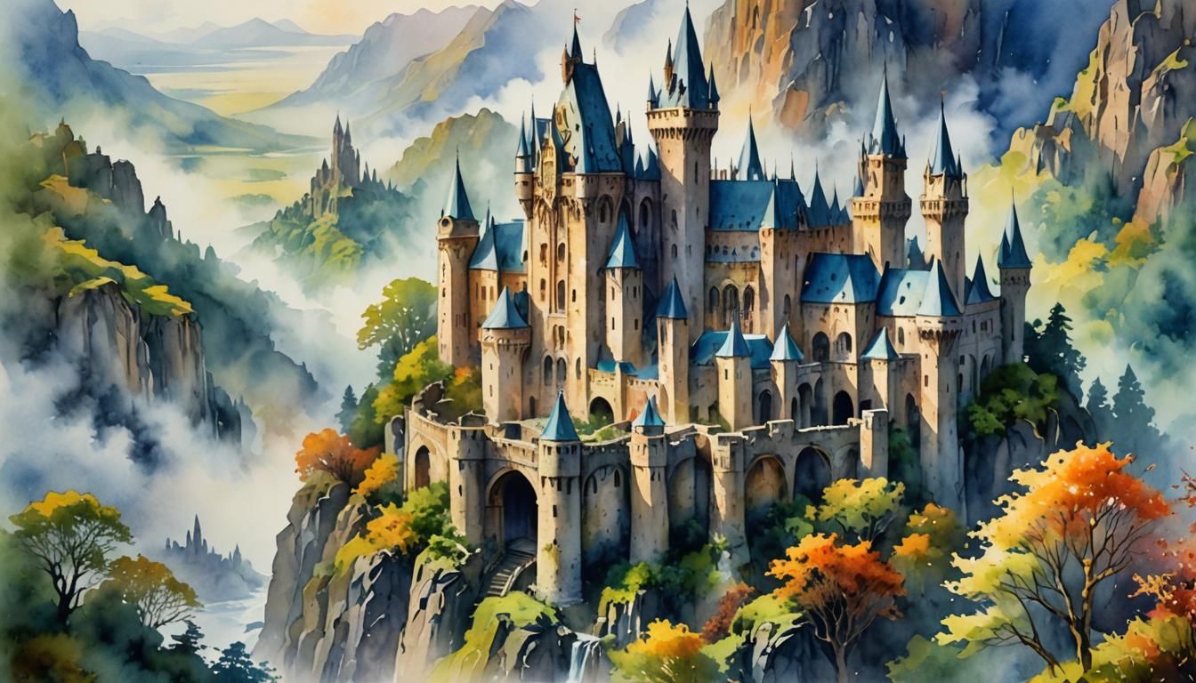 Fantasy Castle Ruins in Romantic Watercolor Style