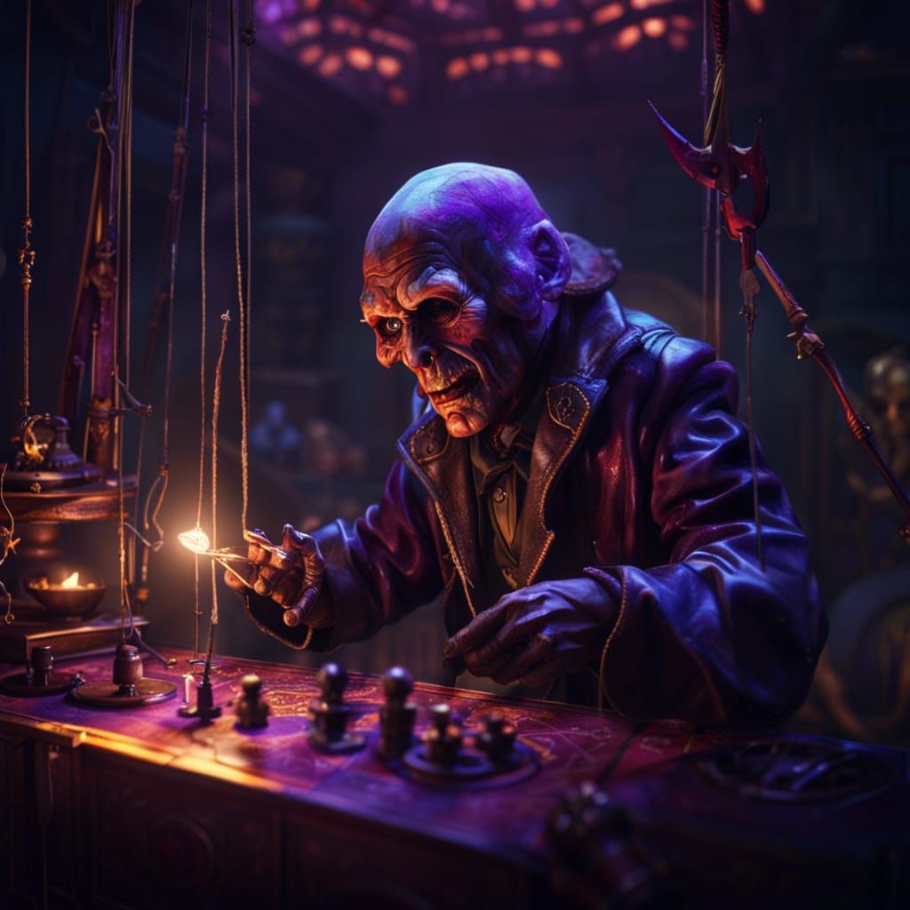 Sinister Puppet Master in Cyberpunk Dark Fantasy
