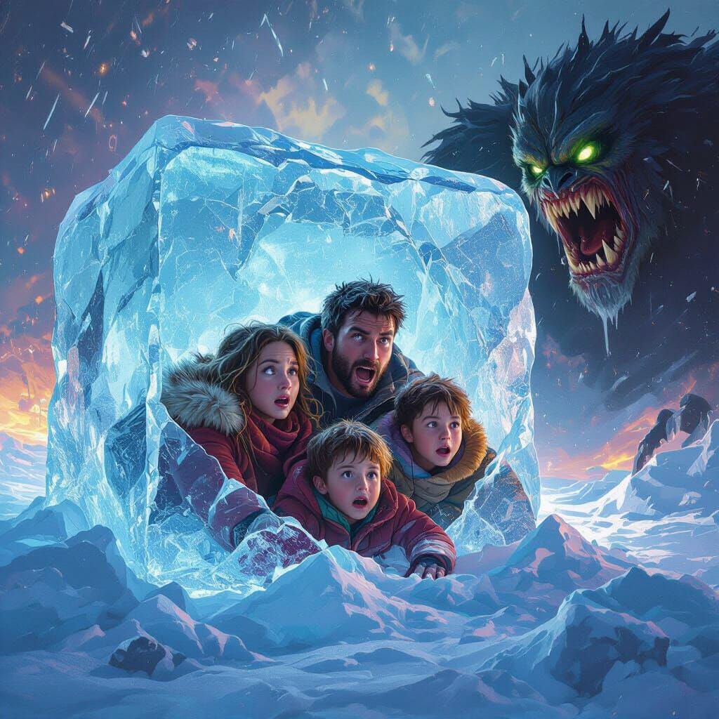 Family Trapped in Ice Cube with Looming Monster