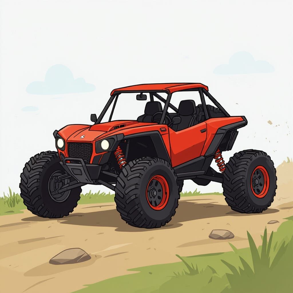 Bright Red 2D Cartoon Off-Road Buggy Side View