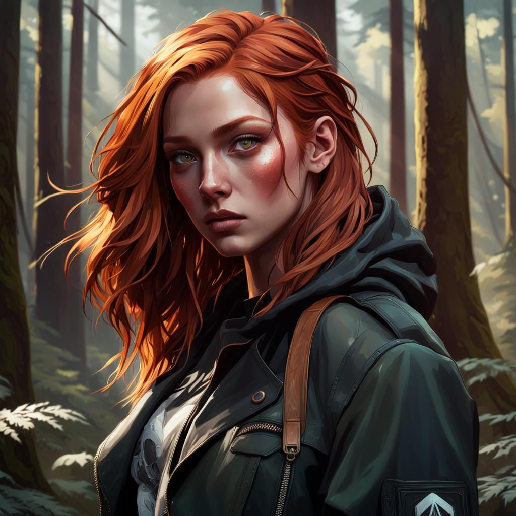 Rebellious Ginger Haired Woman in Forest, Detailed Portrait