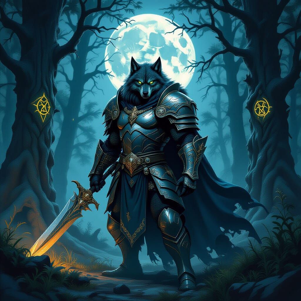 Armored Werewolf Guardian in Moonlit Forest